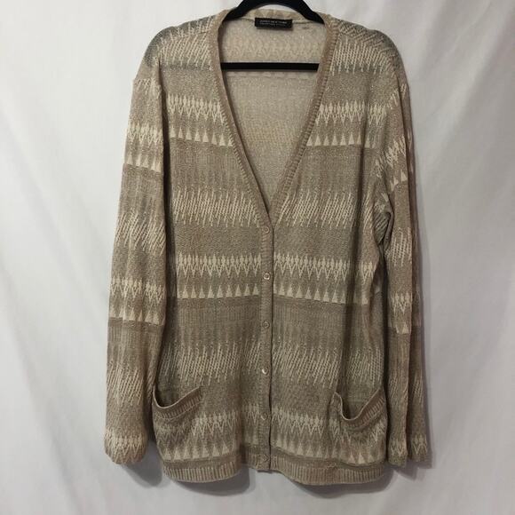 Jones New York Gold Metallic Cardigan Sweater Womens L Zig Zag Oversized Preppy - Picture 1 of 11